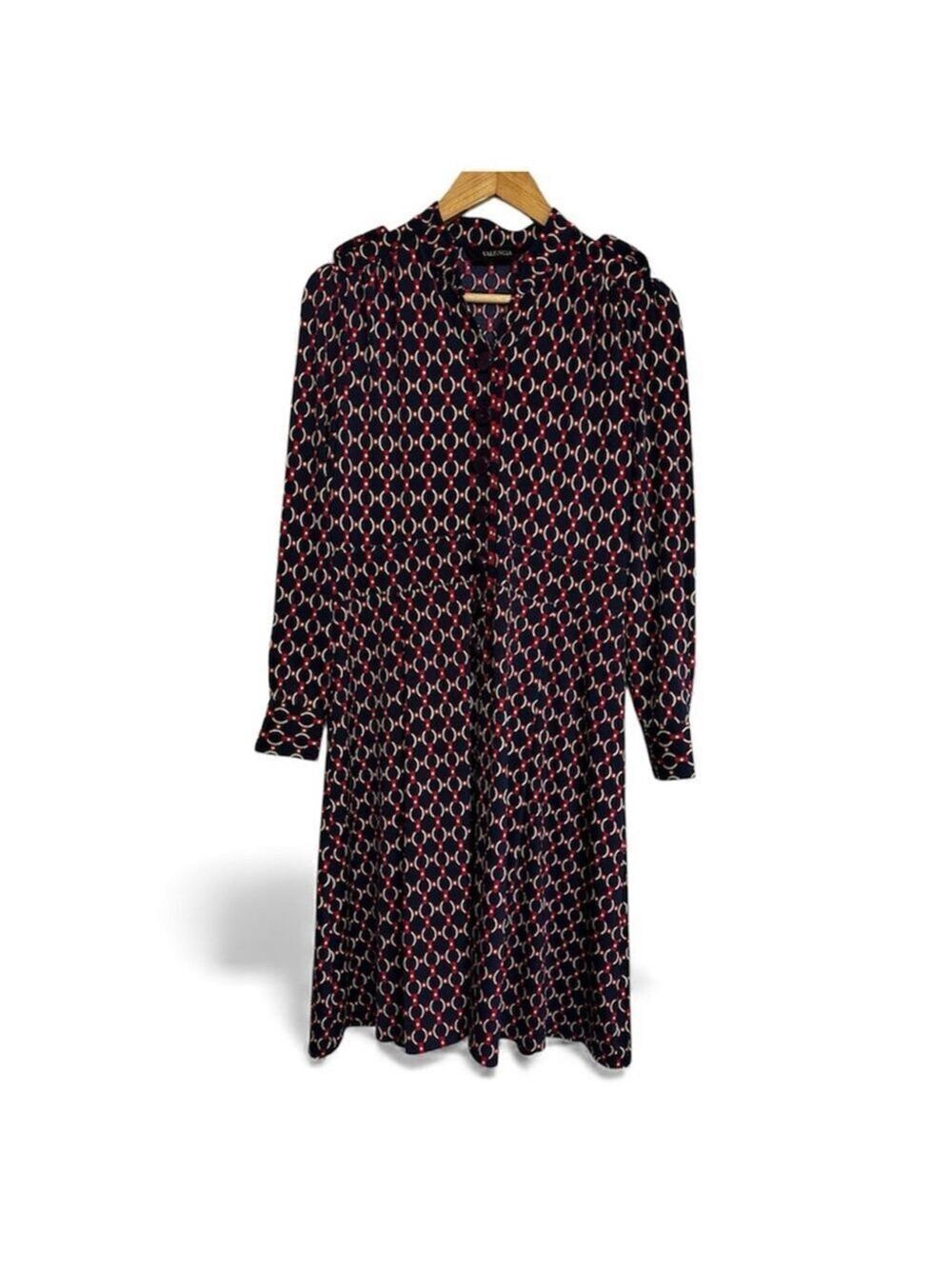 Valencia Dark Academia Retro Midi Dress Navy Red Geometric Chain Print